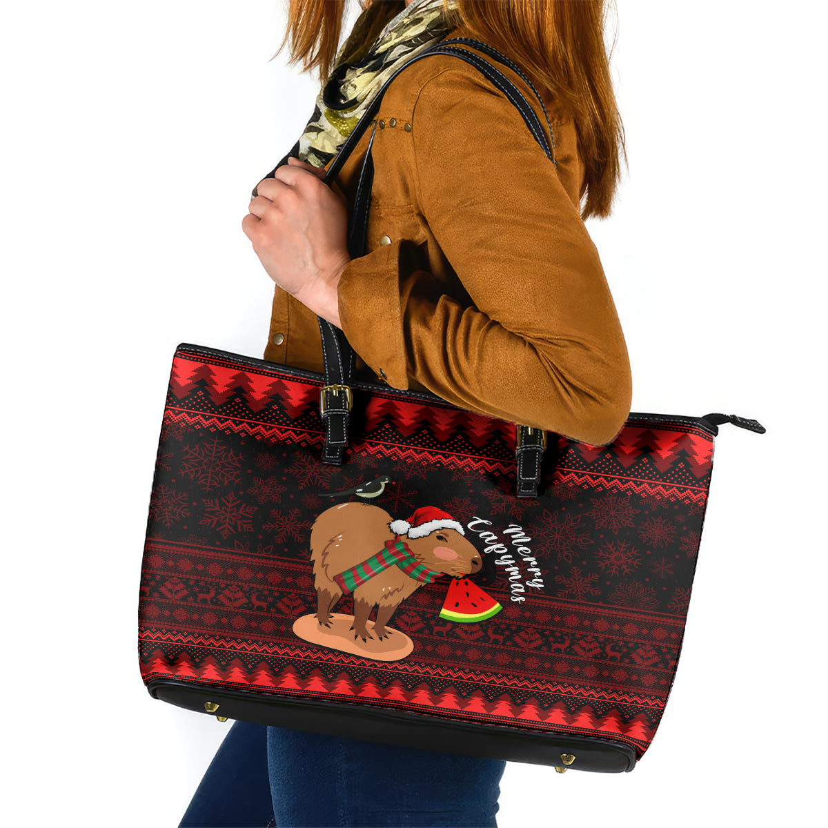 Capybara Christmas Leather Tote Bag Merry Capymas - Wonder Print Shop