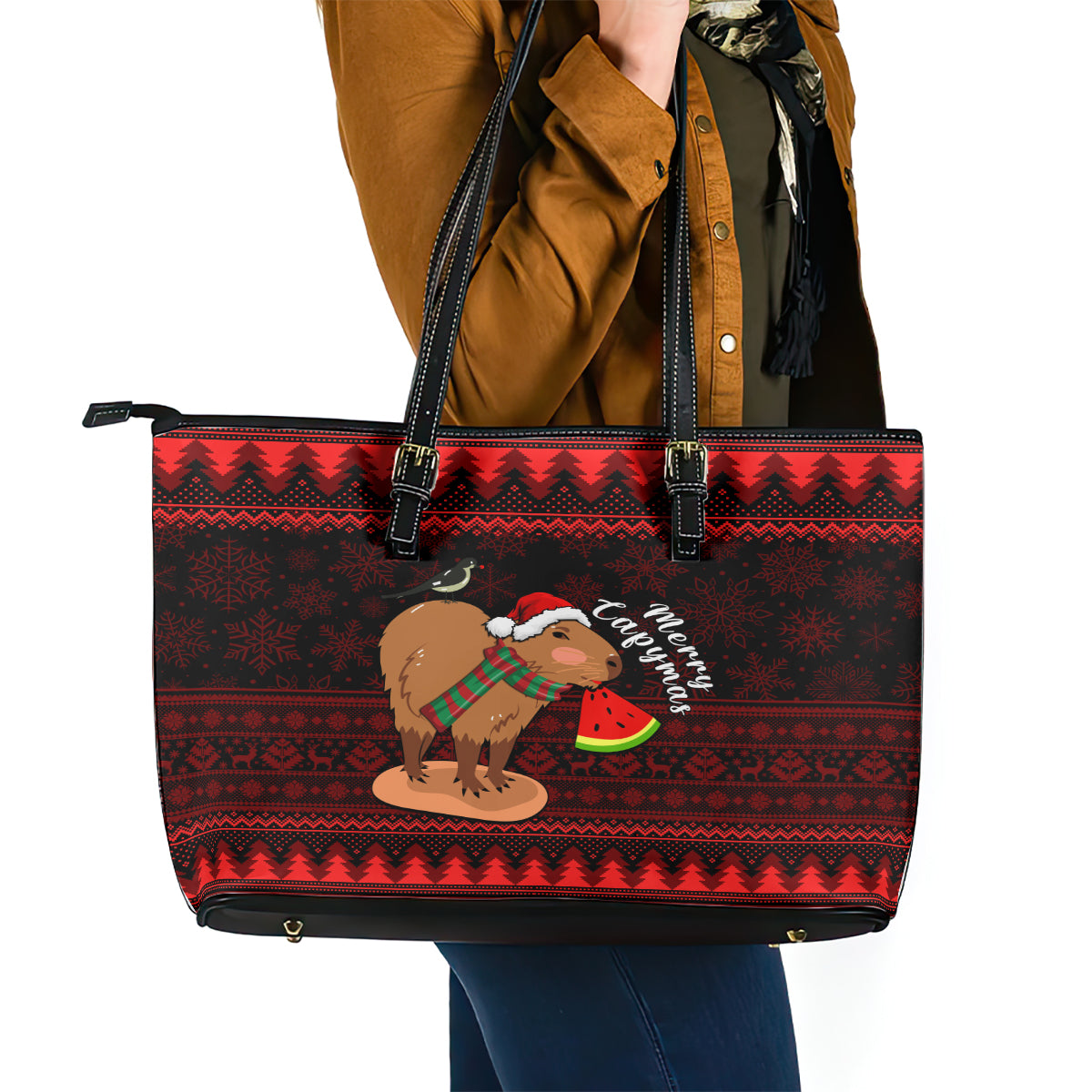 Capybara Christmas Leather Tote Bag Merry Capymas - Wonder Print Shop