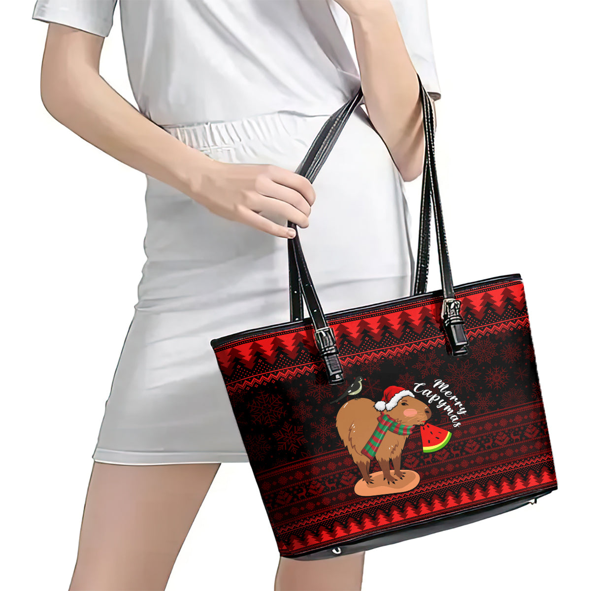 Capybara Christmas Leather Tote Bag Merry Capymas - Wonder Print Shop