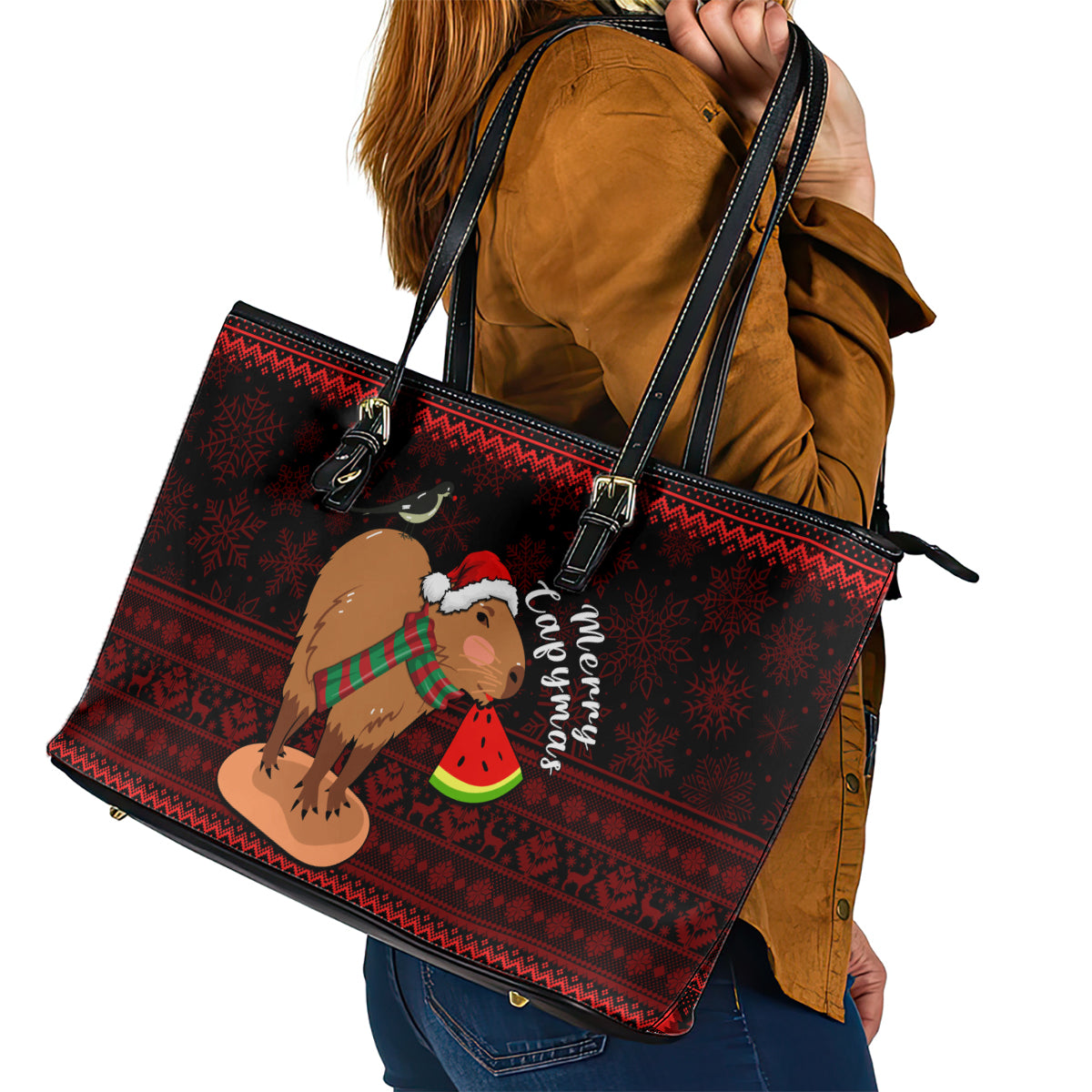Capybara Christmas Leather Tote Bag Merry Capymas - Wonder Print Shop