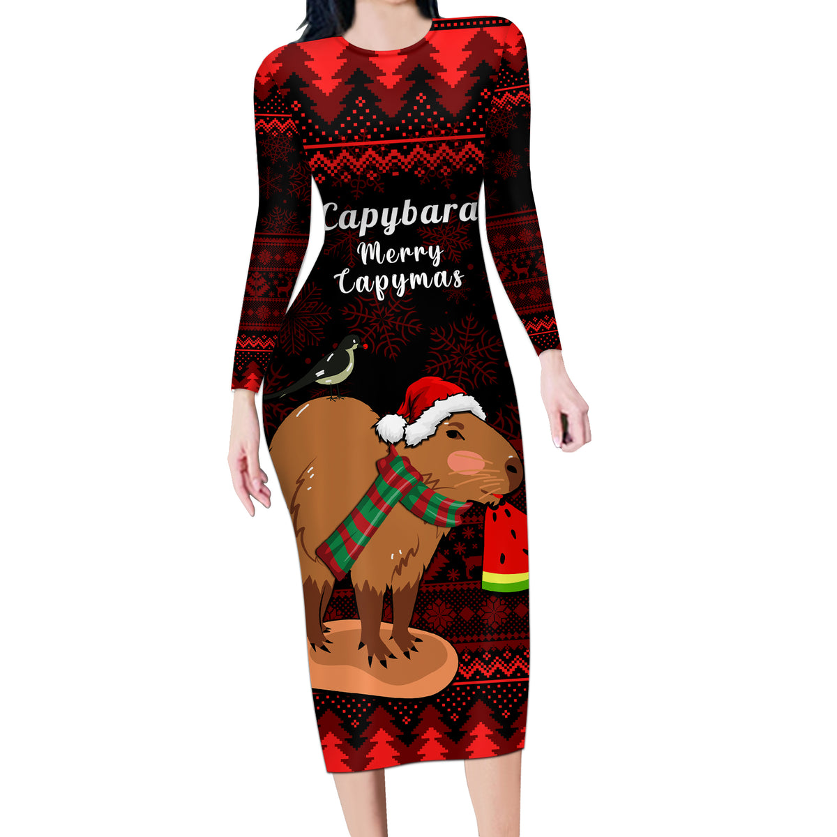 Capybara Christmas Long Sleeve Bodycon Dress Merry Capymas - Wonder Print Shop