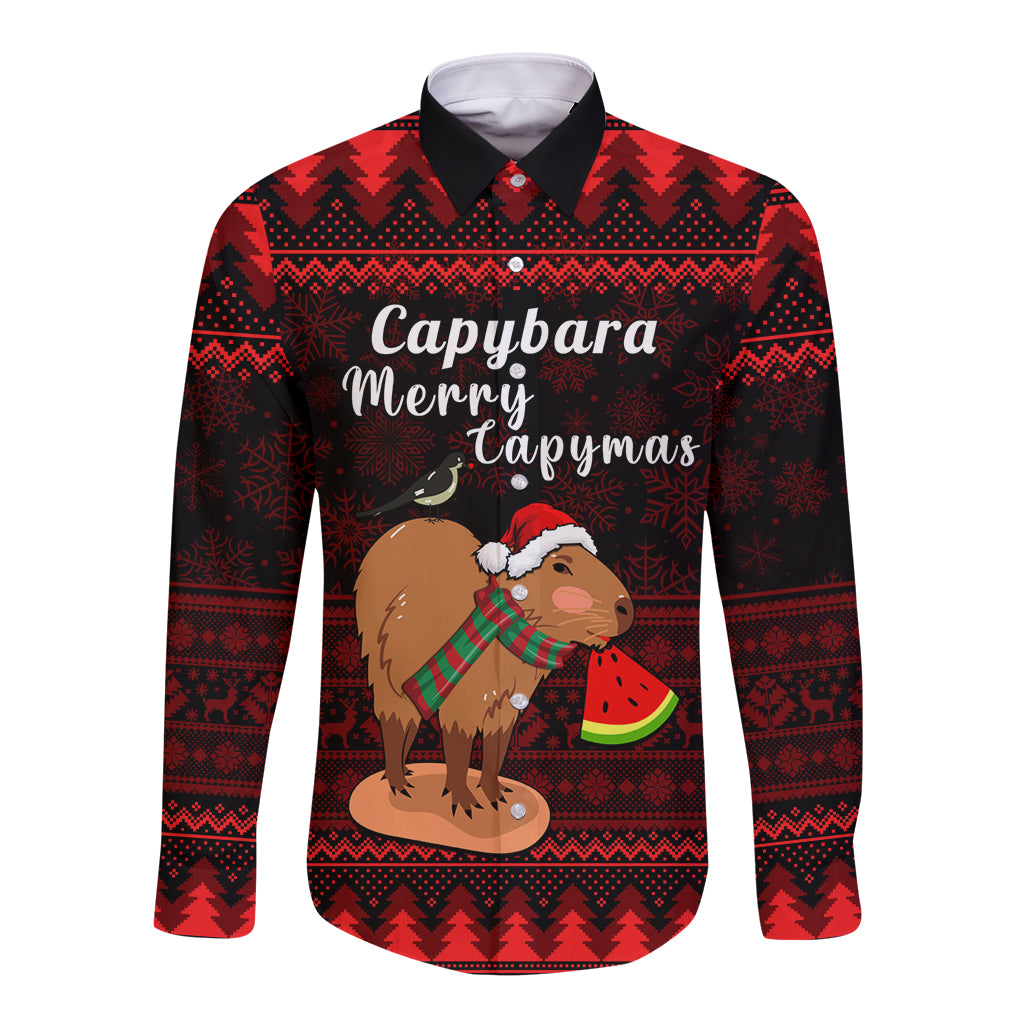 Capybara Christmas Long Sleeve Button Shirt Merry Capymas - Wonder Print Shop