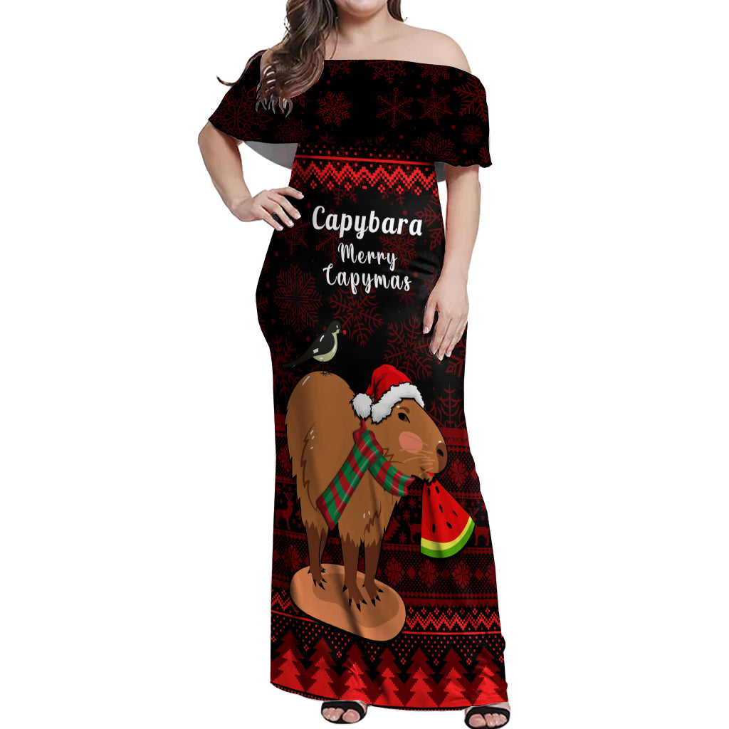 Capybara Christmas Off Shoulder Maxi Dress Merry Capymas - Wonder Print Shop