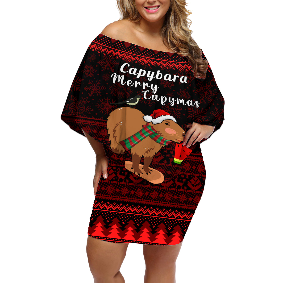 Capybara Christmas Off Shoulder Short Dress Merry Capymas - Wonder Print Shop