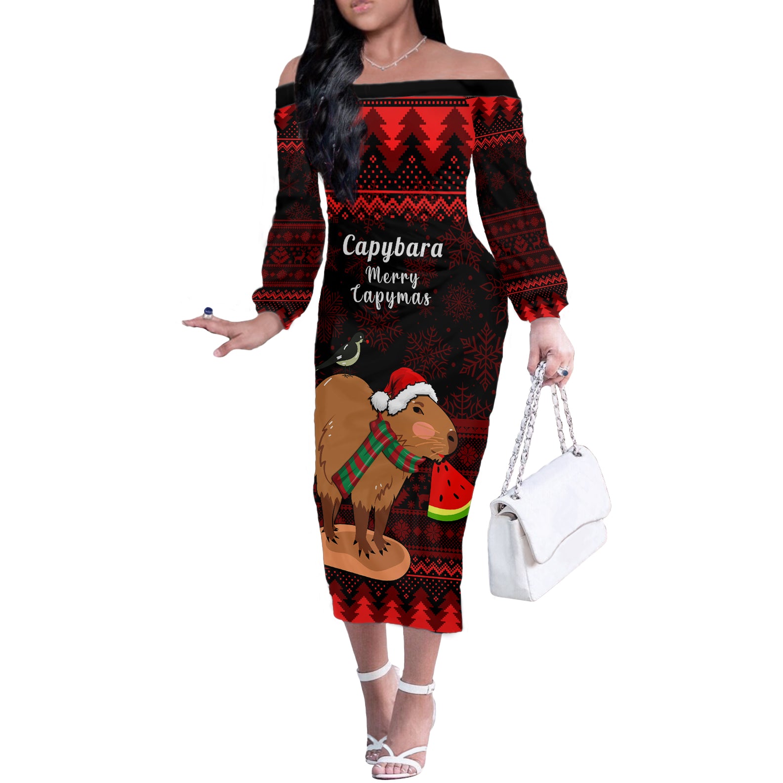 Capybara Christmas Off The Shoulder Long Sleeve Dress Merry Capymas - Wonder Print Shop
