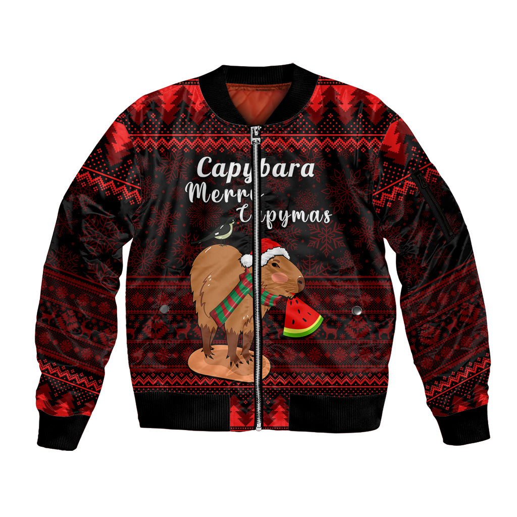 Capybara Christmas Sleeve Zip Bomber Jacket Merry Capymas - Wonder Print Shop