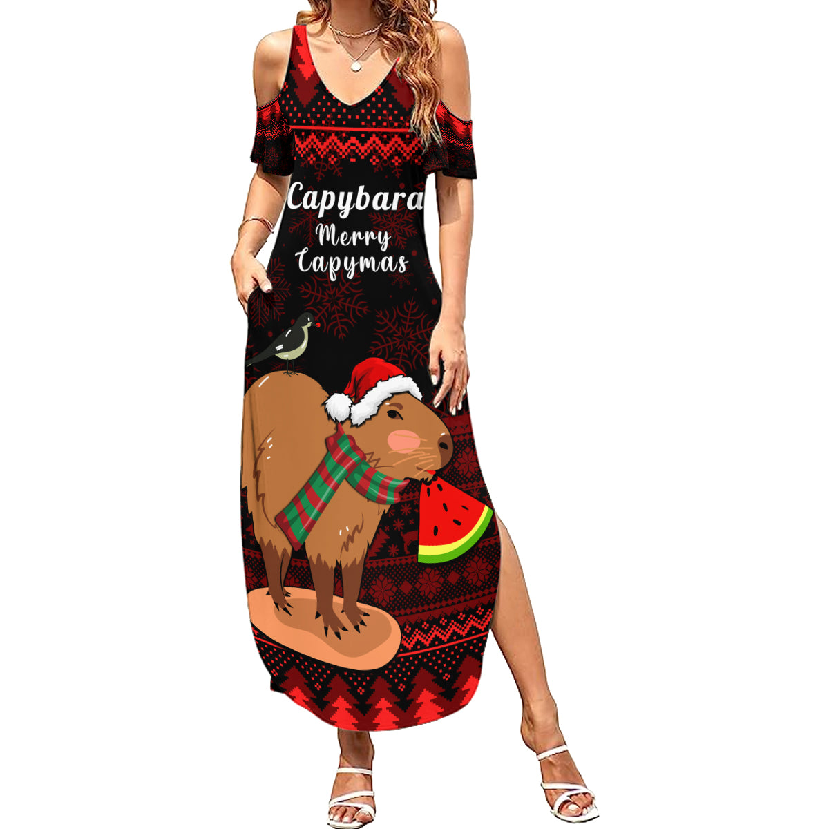 Capybara Christmas Summer Maxi Dress Merry Capymas - Wonder Print Shop