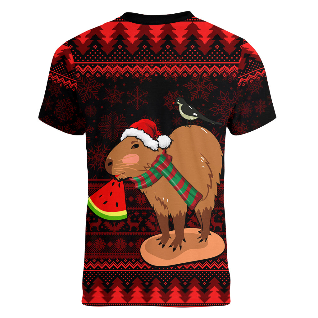 Capybara Christmas Women V Neck T Shirt Merry Capymas - Wonder Print Shop