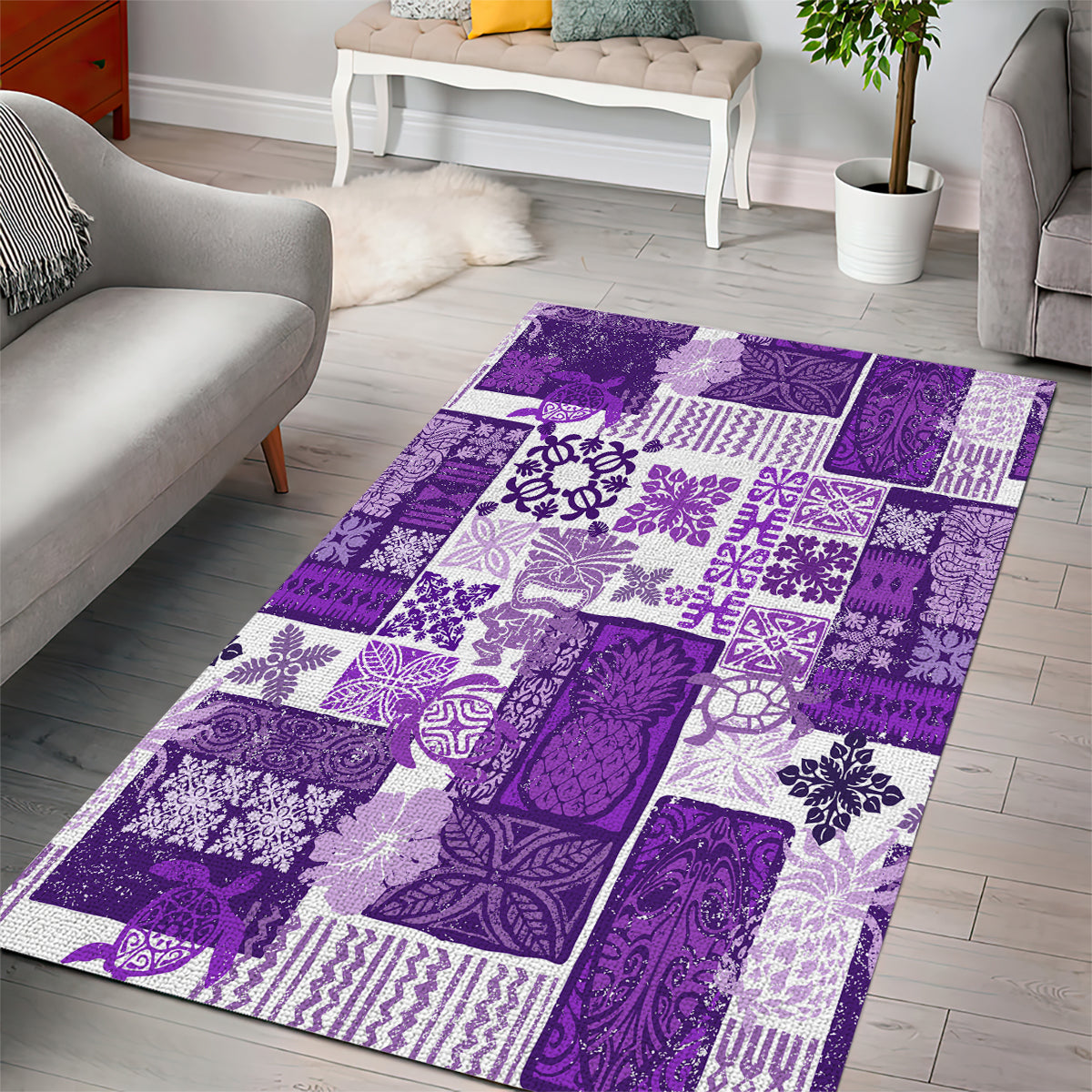Hawaiian Quilt Area Rug Tiki Tropical Retro Purple Version - Wonder Print Shop