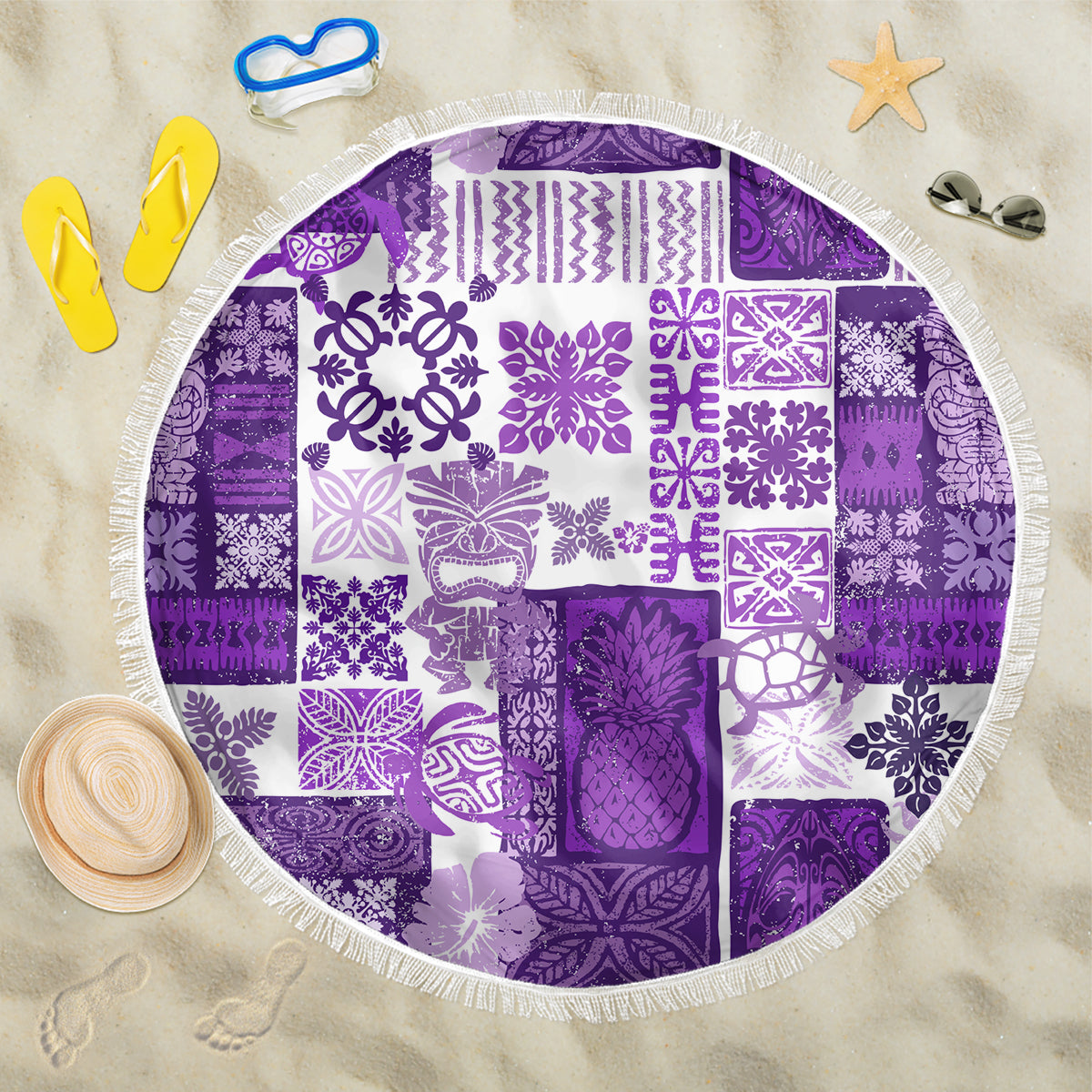 Hawaiian Quilt Beach Blanket Tiki Tropical Retro Purple Version - Wonder Print Shop