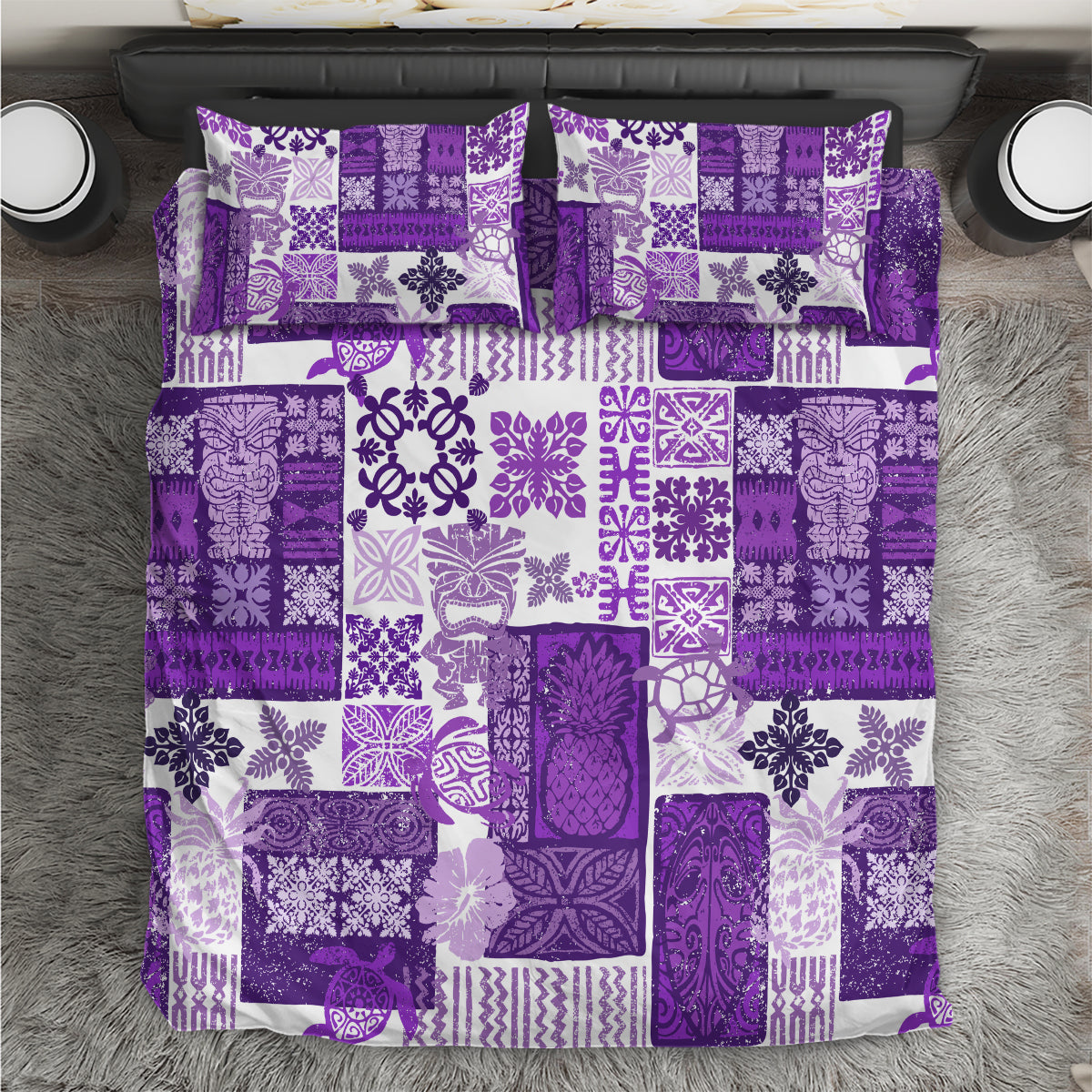 Hawaiian Quilt Bedding Set Tiki Tropical Retro Purple Version - Wonder Print Shop