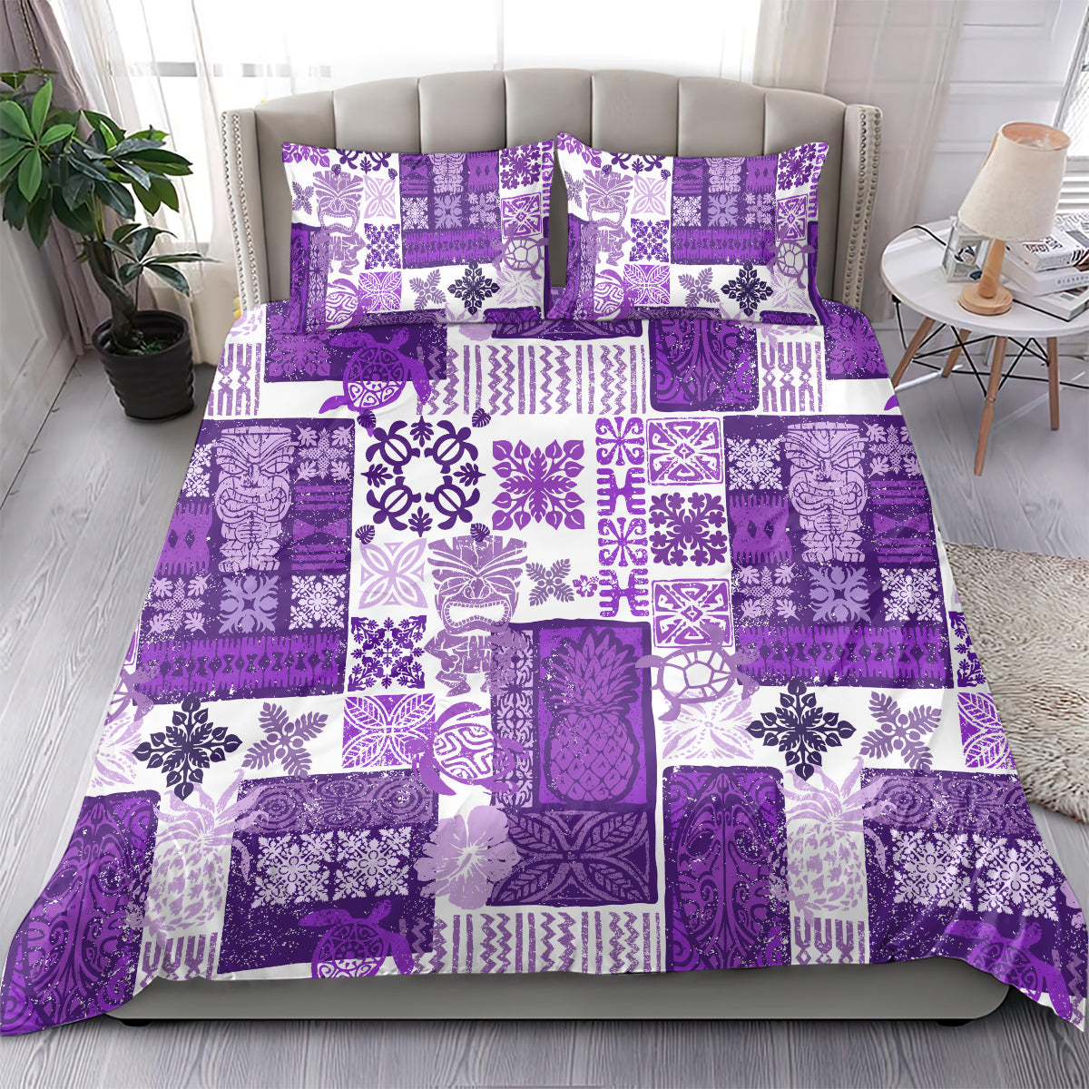 Hawaiian Quilt Bedding Set Tiki Tropical Retro Purple Version - Wonder Print Shop