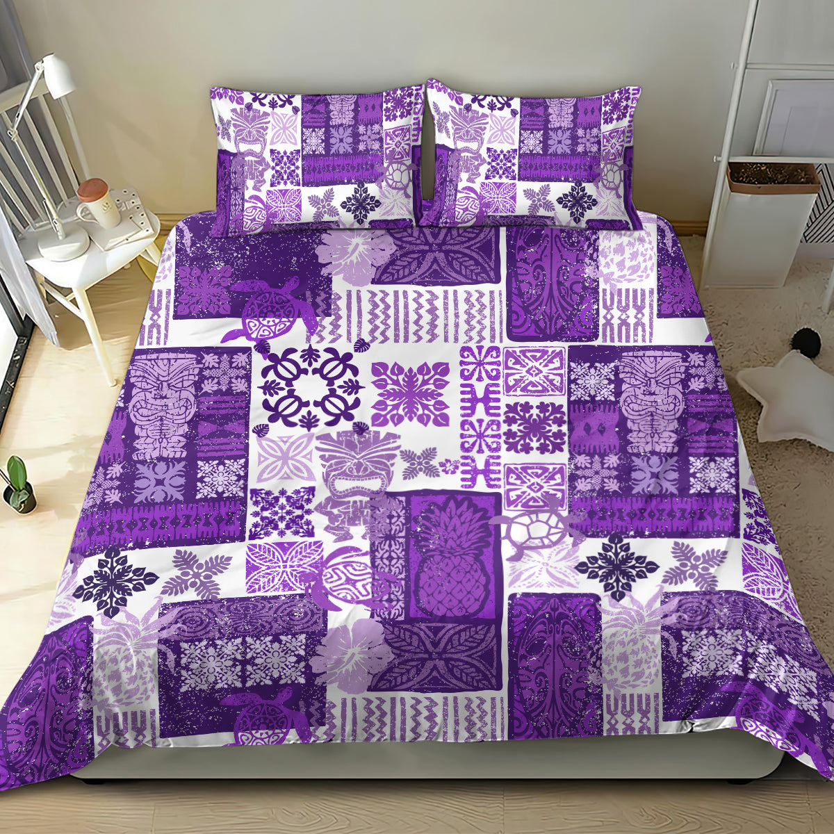 Hawaiian Quilt Bedding Set Tiki Tropical Retro Purple Version - Wonder Print Shop