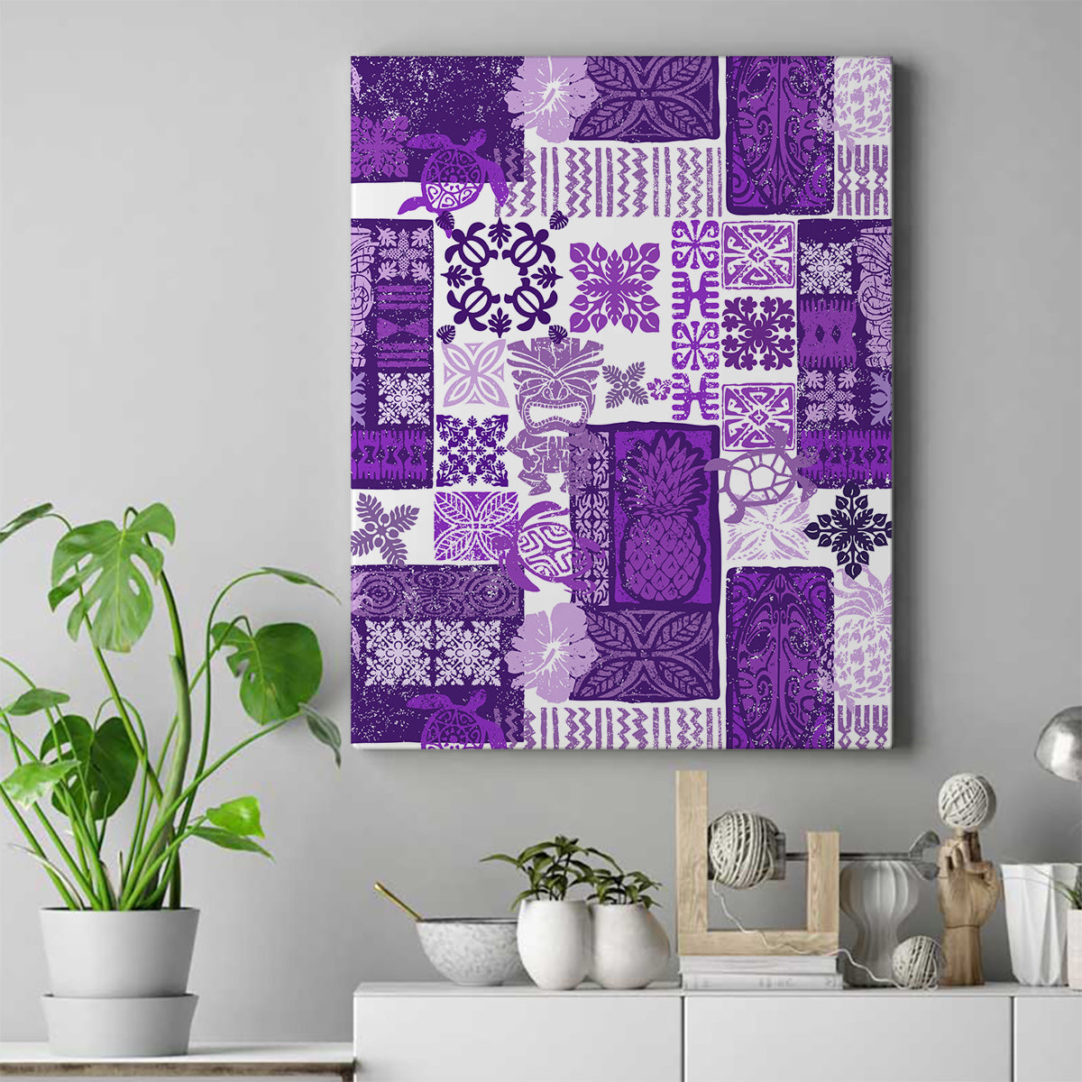 Hawaiian Quilt Canvas Wall Art Tiki Tropical Retro Purple Version - Wonder Print Shop