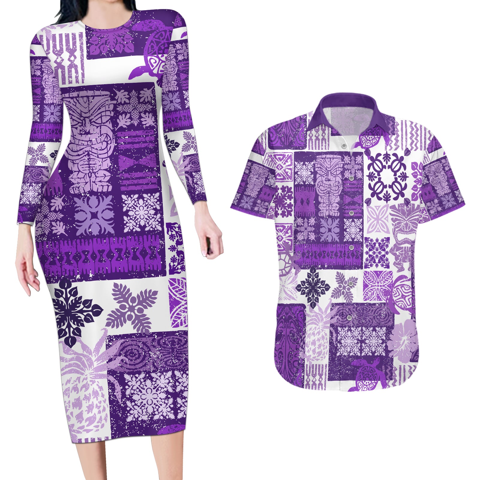 Hawaiian Quilt Couples Matching Long Sleeve Bodycon Dress and Hawaiian Shirt Tiki Tropical Retro Purple Version - Wonder Print Shop