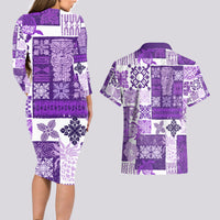 Hawaiian Quilt Couples Matching Long Sleeve Bodycon Dress and Hawaiian Shirt Tiki Tropical Retro Purple Version - Wonder Print Shop
