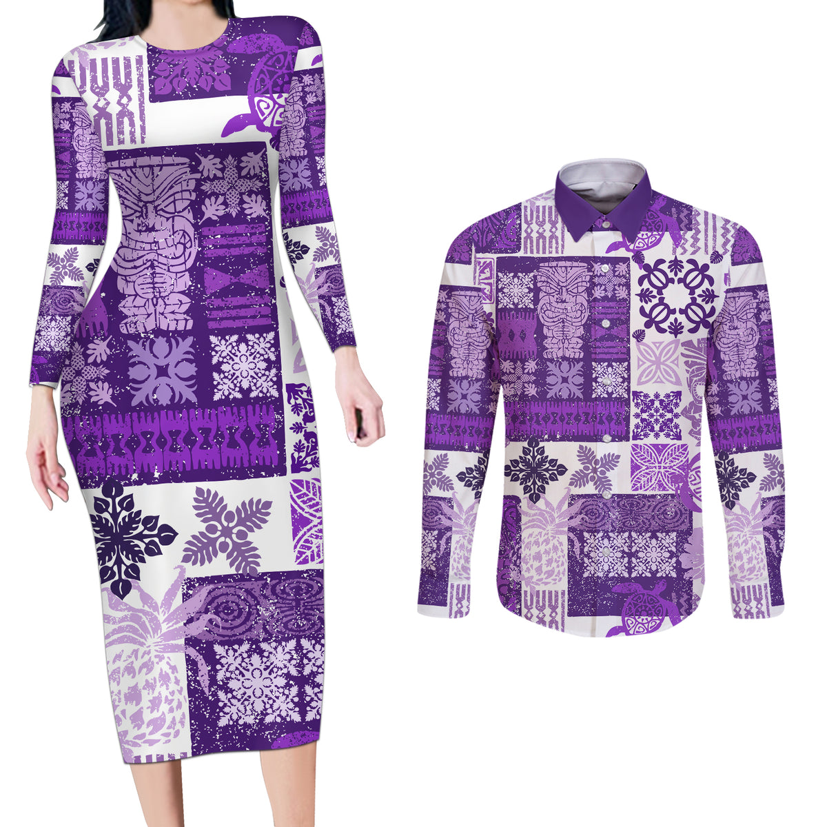 Hawaiian Quilt Couples Matching Long Sleeve Bodycon Dress and Long Sleeve Button Shirt Tiki Tropical Retro Purple Version - Wonder Print Shop