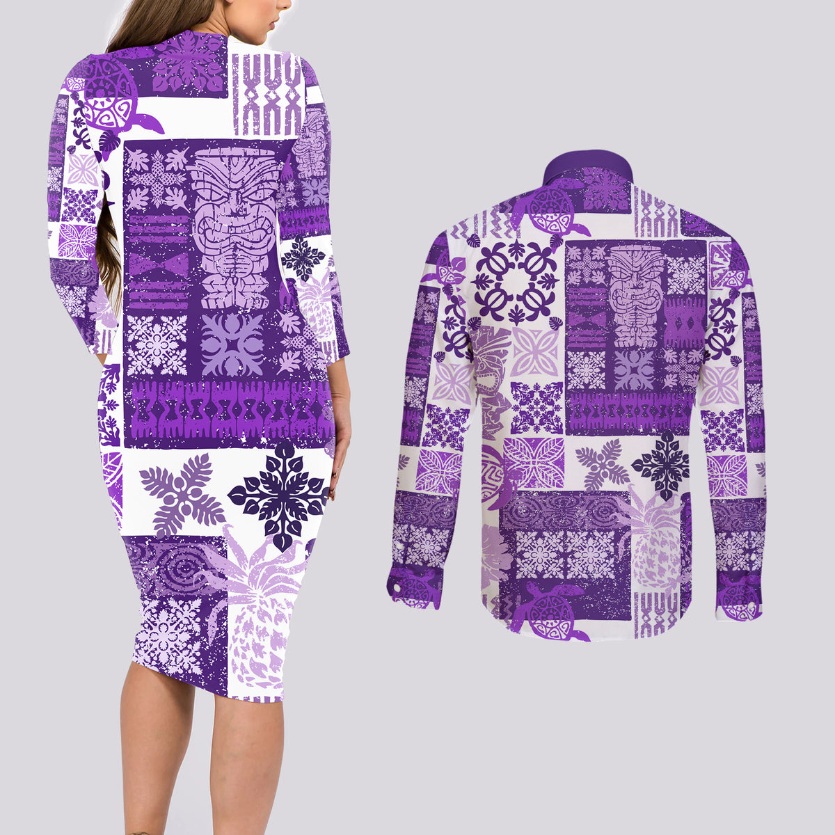 Hawaiian Quilt Couples Matching Long Sleeve Bodycon Dress and Long Sleeve Button Shirt Tiki Tropical Retro Purple Version - Wonder Print Shop
