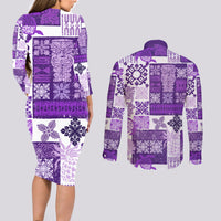 Hawaiian Quilt Couples Matching Long Sleeve Bodycon Dress and Long Sleeve Button Shirt Tiki Tropical Retro Purple Version - Wonder Print Shop