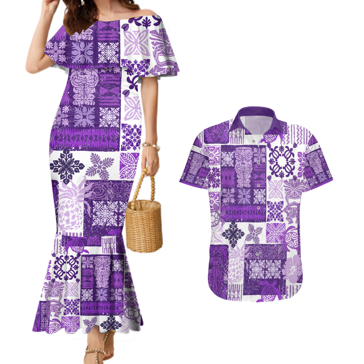 Hawaiian Quilt Couples Matching Mermaid Dress and Hawaiian Shirt Tiki Tropical Retro Purple Version - Wonder Print Shop