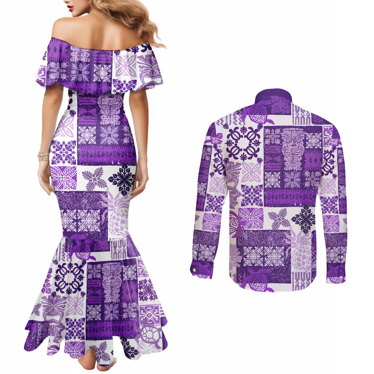 hawaiian-quilt-couples-matching-mermaid-dress-and-long-sleeve-button-shirt-tiki-tropical-retro-purple-version