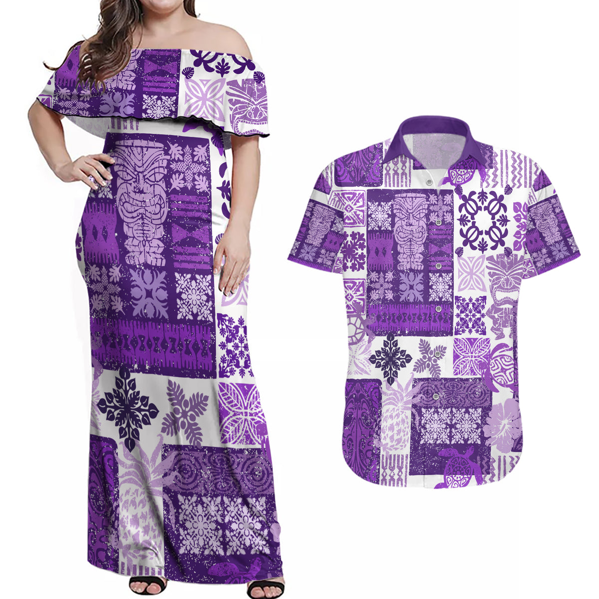 Hawaiian Quilt Couples Matching Off Shoulder Maxi Dress and Hawaiian Shirt Tiki Tropical Retro Purple Version - Wonder Print Shop
