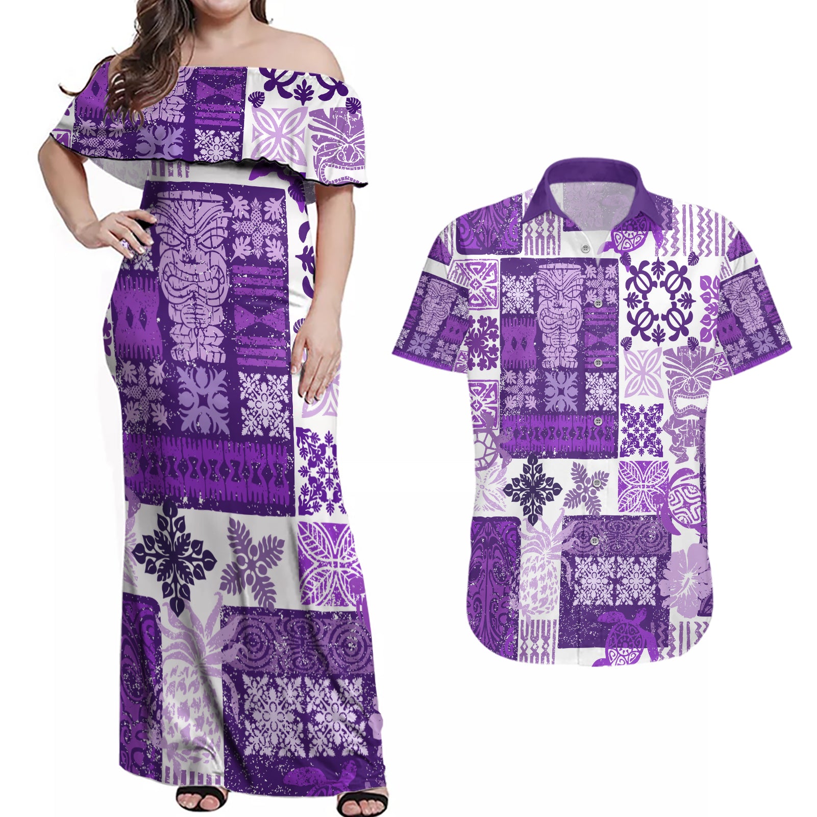Hawaiian Quilt Couples Matching Off Shoulder Maxi Dress and Hawaiian Shirt Tiki Tropical Retro Purple Version - Wonder Print Shop