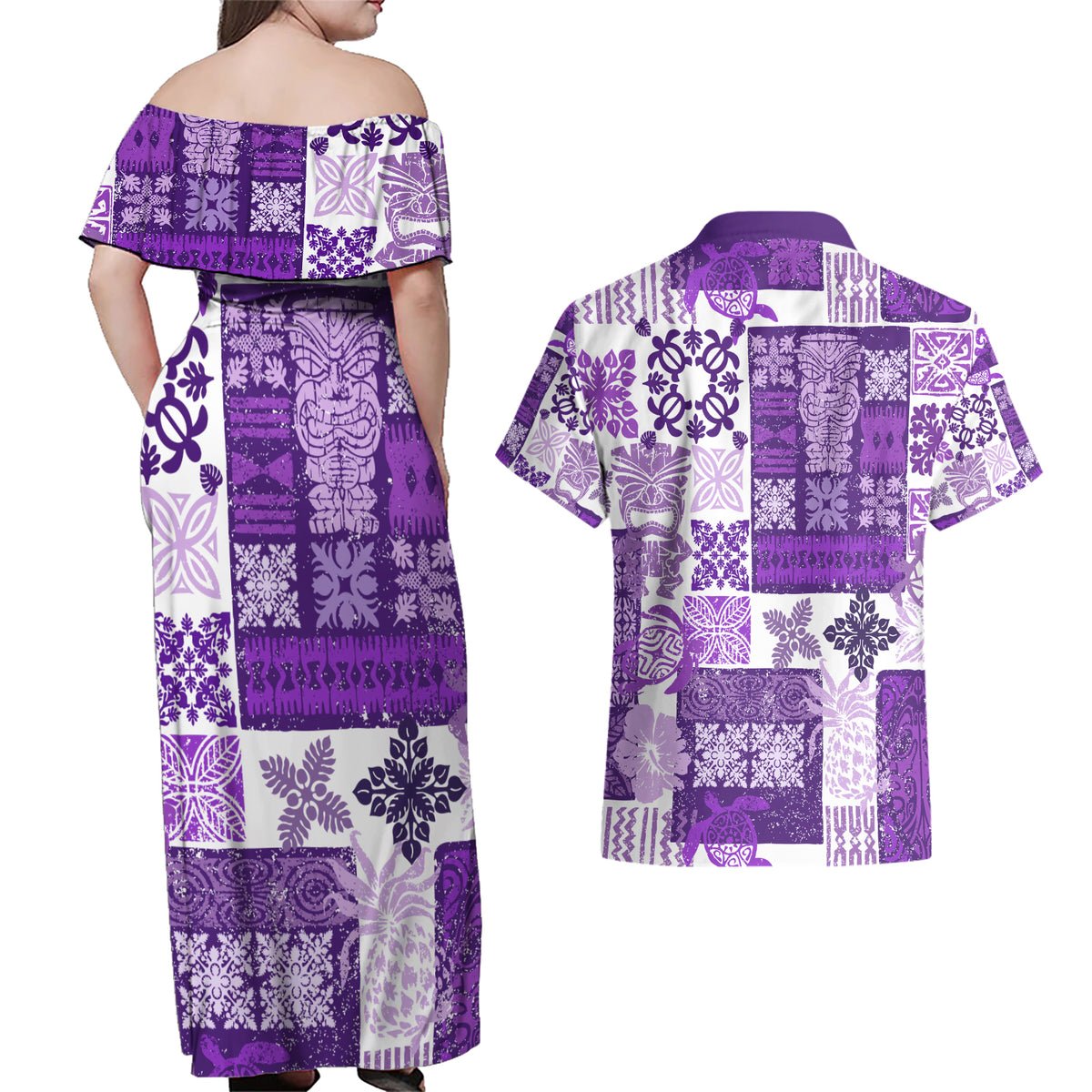 Hawaiian Quilt Couples Matching Off Shoulder Maxi Dress and Hawaiian Shirt Tiki Tropical Retro Purple Version - Wonder Print Shop