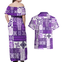 Hawaiian Quilt Couples Matching Off Shoulder Maxi Dress and Hawaiian Shirt Tiki Tropical Retro Purple Version - Wonder Print Shop