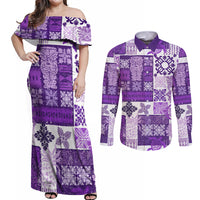 Hawaiian Quilt Couples Matching Off Shoulder Maxi Dress and Long Sleeve Button Shirt Tiki Tropical Retro Purple Version - Wonder Print Shop