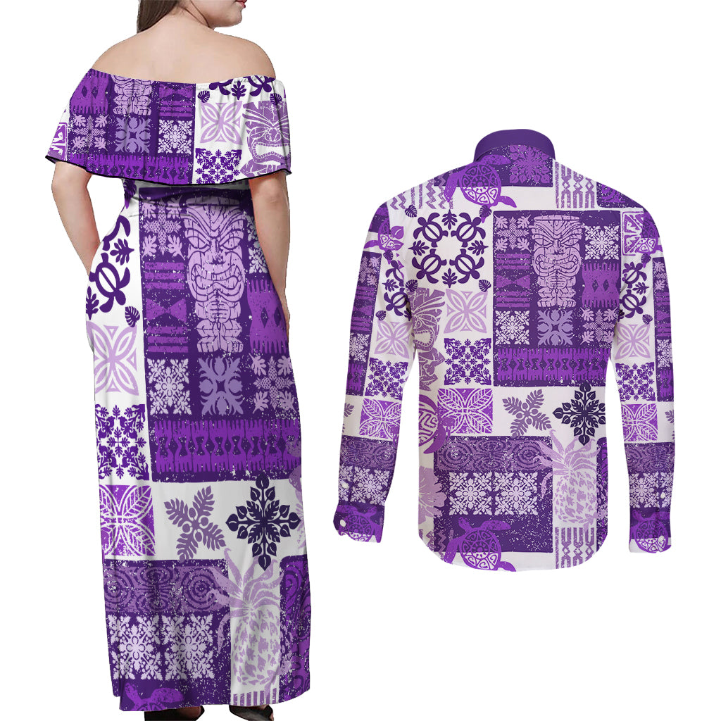 Hawaiian Quilt Couples Matching Off Shoulder Maxi Dress and Long Sleeve Button Shirt Tiki Tropical Retro Purple Version - Wonder Print Shop