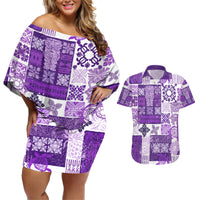 Hawaiian Quilt Couples Matching Off Shoulder Short Dress and Hawaiian Shirt Tiki Tropical Retro Purple Version - Wonder Print Shop