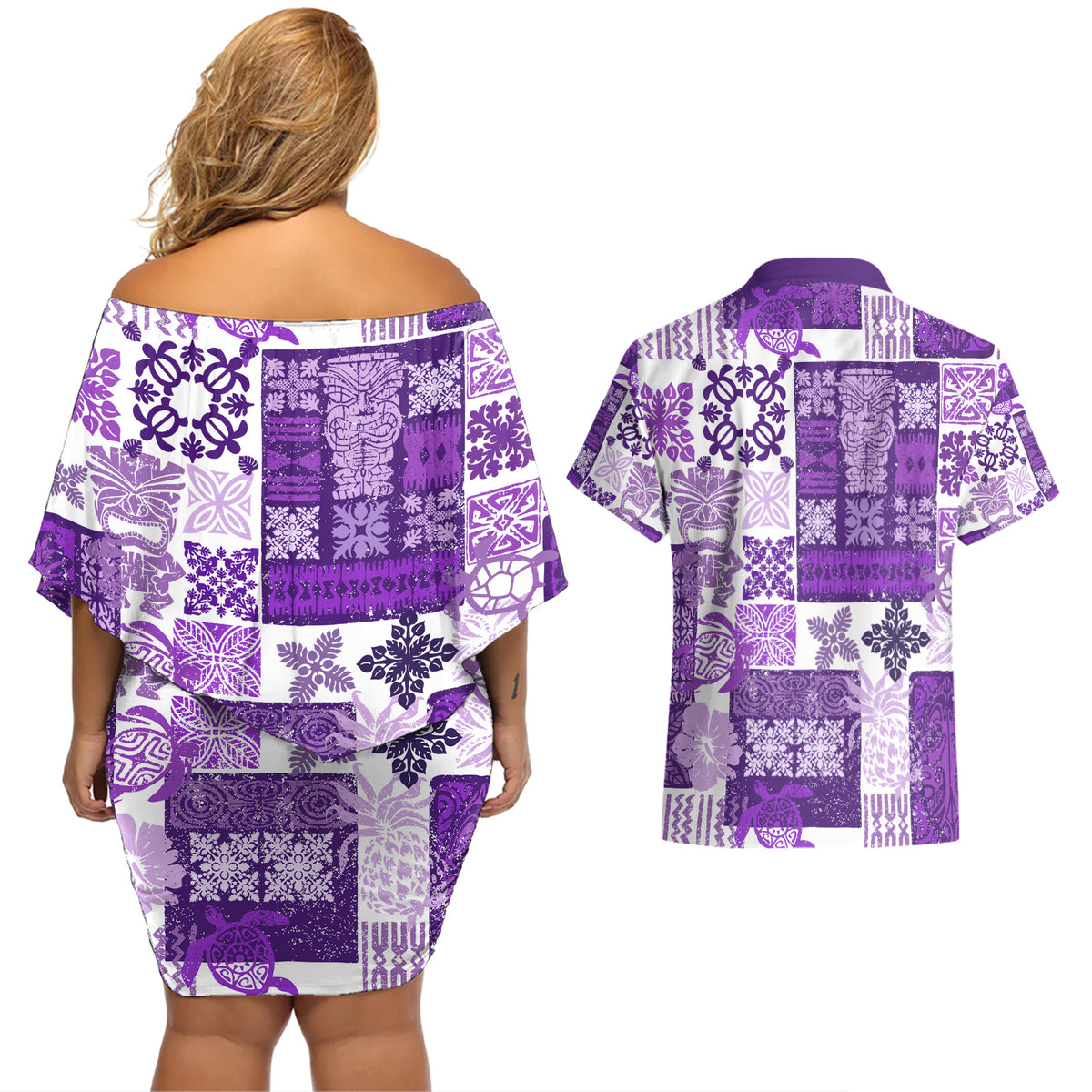 Hawaiian Quilt Couples Matching Off Shoulder Short Dress and Hawaiian Shirt Tiki Tropical Retro Purple Version - Wonder Print Shop
