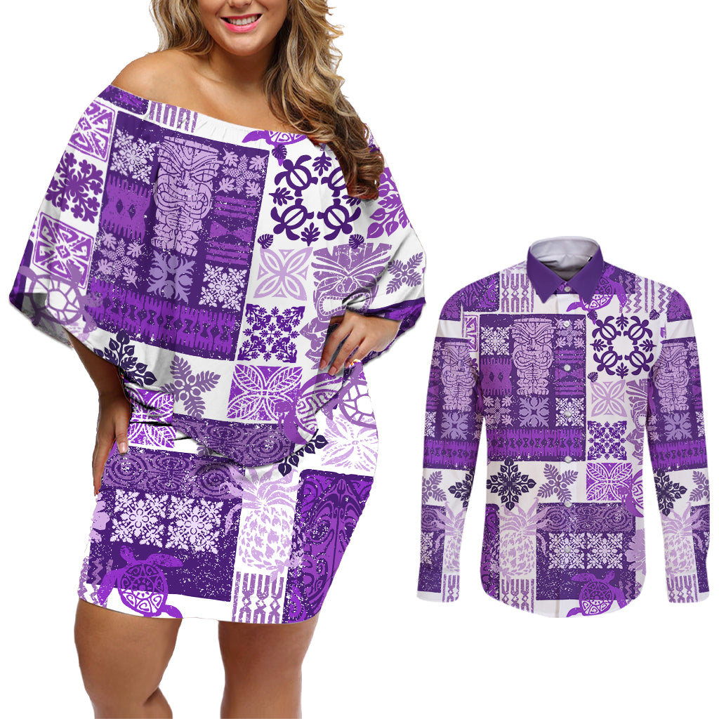 Hawaiian Quilt Couples Matching Off Shoulder Short Dress and Long Sleeve Button Shirt Tiki Tropical Retro Purple Version - Wonder Print Shop