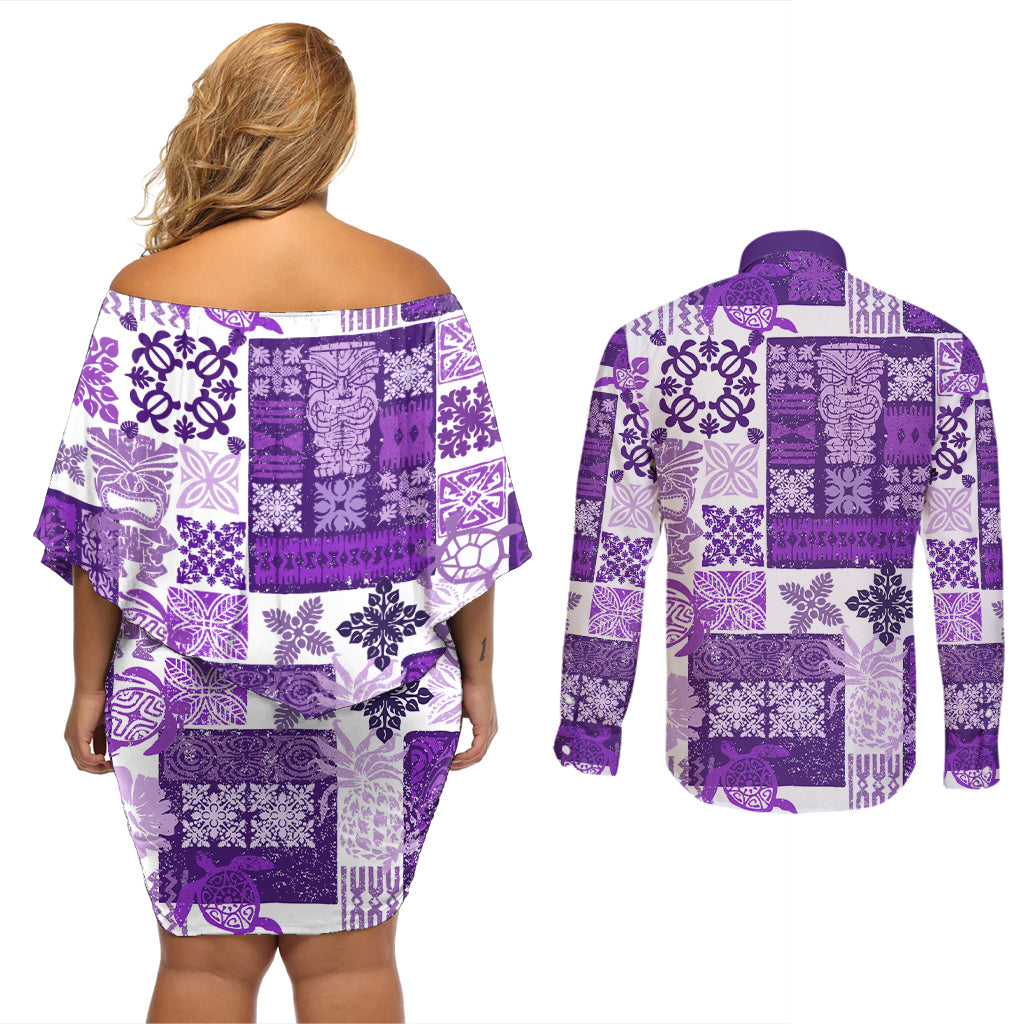 Hawaiian Quilt Couples Matching Off Shoulder Short Dress and Long Sleeve Button Shirt Tiki Tropical Retro Purple Version - Wonder Print Shop