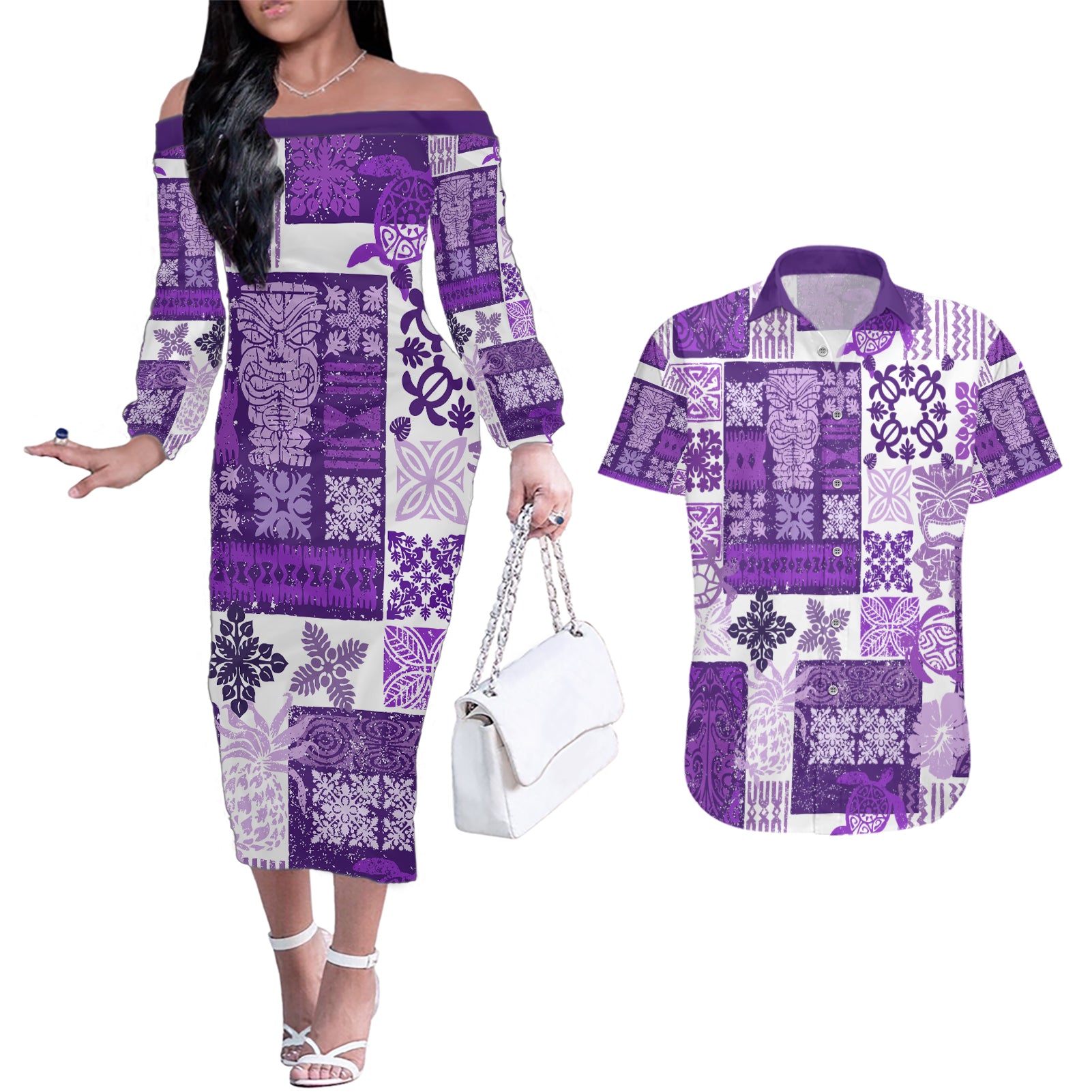 Hawaiian Quilt Couples Matching Off The Shoulder Long Sleeve Dress and Hawaiian Shirt Tiki Tropical Retro Purple Version - Wonder Print Shop