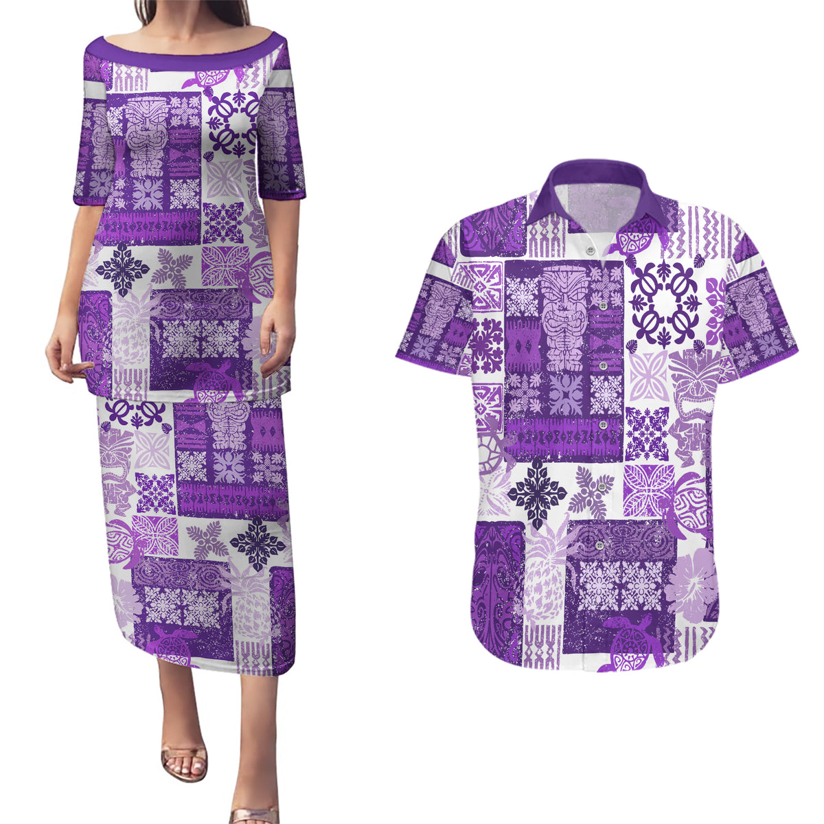 Hawaiian Quilt Couples Matching Puletasi Dress and Hawaiian Shirt Tiki Tropical Retro Purple Version - Wonder Print Shop