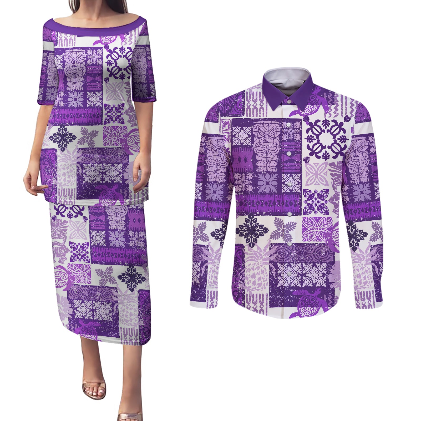 Hawaiian Quilt Couples Matching Puletasi Dress and Long Sleeve Button Shirt Tiki Tropical Retro Purple Version - Wonder Print Shop