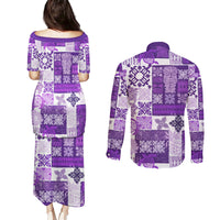 Hawaiian Quilt Couples Matching Puletasi Dress and Long Sleeve Button Shirt Tiki Tropical Retro Purple Version - Wonder Print Shop