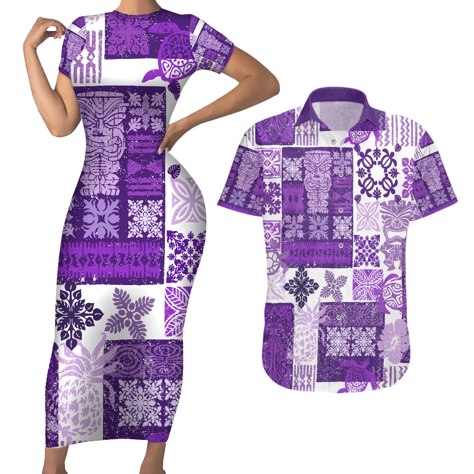 Hawaiian Quilt Couples Matching Short Sleeve Bodycon Dress and Hawaiian Shirt Tiki Tropical Retro Purple Version - Wonder Print Shop