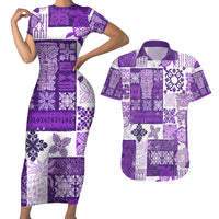 Hawaiian Quilt Couples Matching Short Sleeve Bodycon Dress and Hawaiian Shirt Tiki Tropical Retro Purple Version - Wonder Print Shop