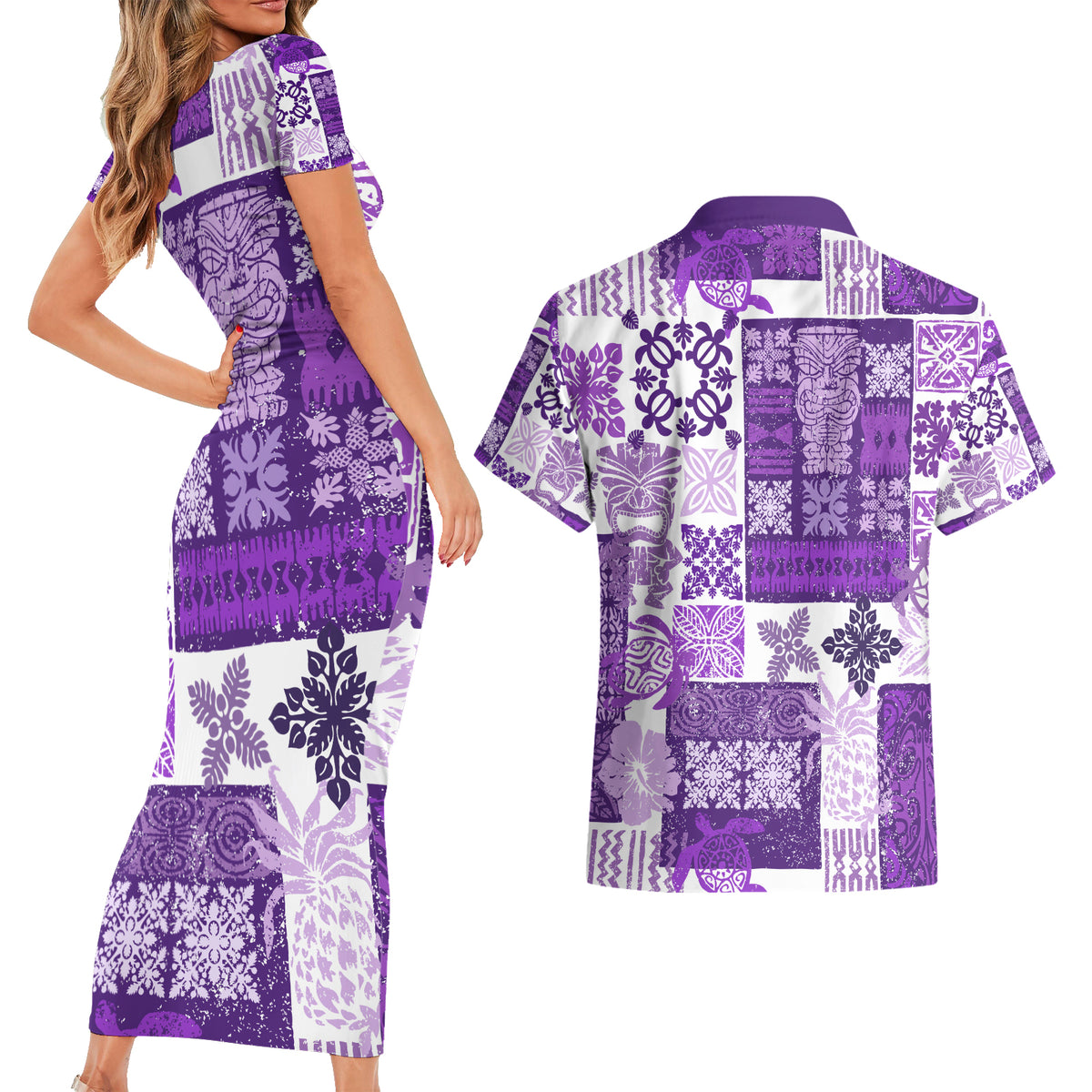 Hawaiian Quilt Couples Matching Short Sleeve Bodycon Dress and Hawaiian Shirt Tiki Tropical Retro Purple Version - Wonder Print Shop