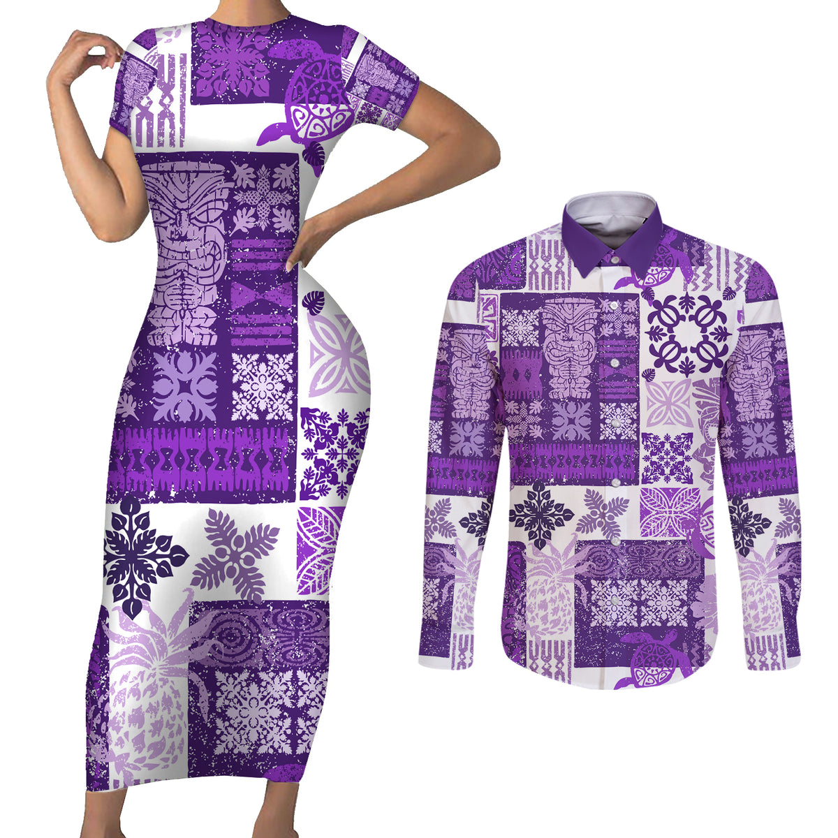 Hawaiian Quilt Couples Matching Short Sleeve Bodycon Dress and Long Sleeve Button Shirt Tiki Tropical Retro Purple Version - Wonder Print Shop
