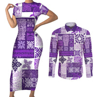 Hawaiian Quilt Couples Matching Short Sleeve Bodycon Dress and Long Sleeve Button Shirt Tiki Tropical Retro Purple Version - Wonder Print Shop