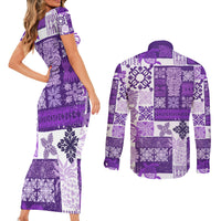 Hawaiian Quilt Couples Matching Short Sleeve Bodycon Dress and Long Sleeve Button Shirt Tiki Tropical Retro Purple Version - Wonder Print Shop