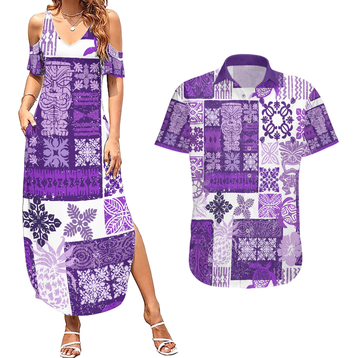 Hawaiian Quilt Couples Matching Summer Maxi Dress and Hawaiian Shirt Tiki Tropical Retro Purple Version - Wonder Print Shop