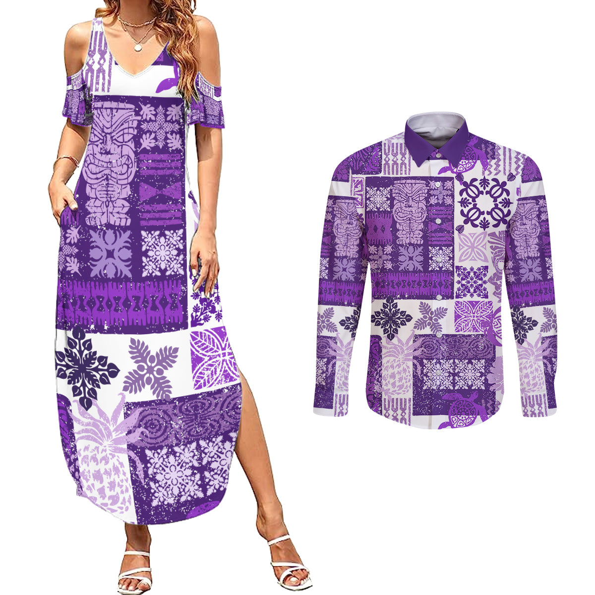 Hawaiian Quilt Couples Matching Summer Maxi Dress and Long Sleeve Button Shirt Tiki Tropical Retro Purple Version - Wonder Print Shop