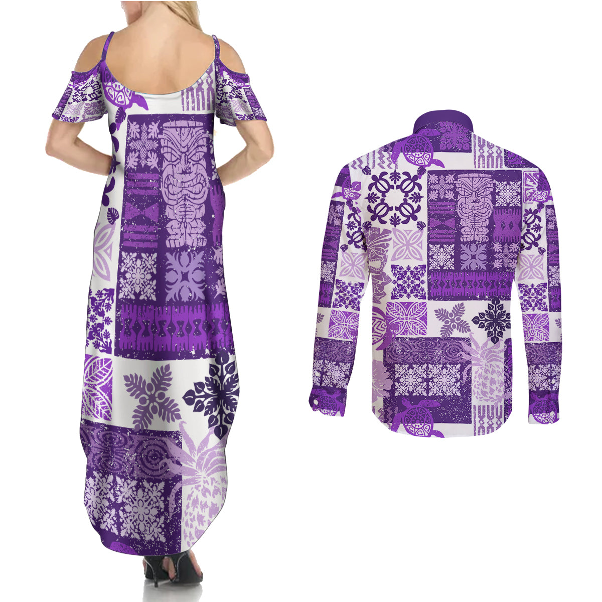 Hawaiian Quilt Couples Matching Summer Maxi Dress and Long Sleeve Button Shirt Tiki Tropical Retro Purple Version - Wonder Print Shop