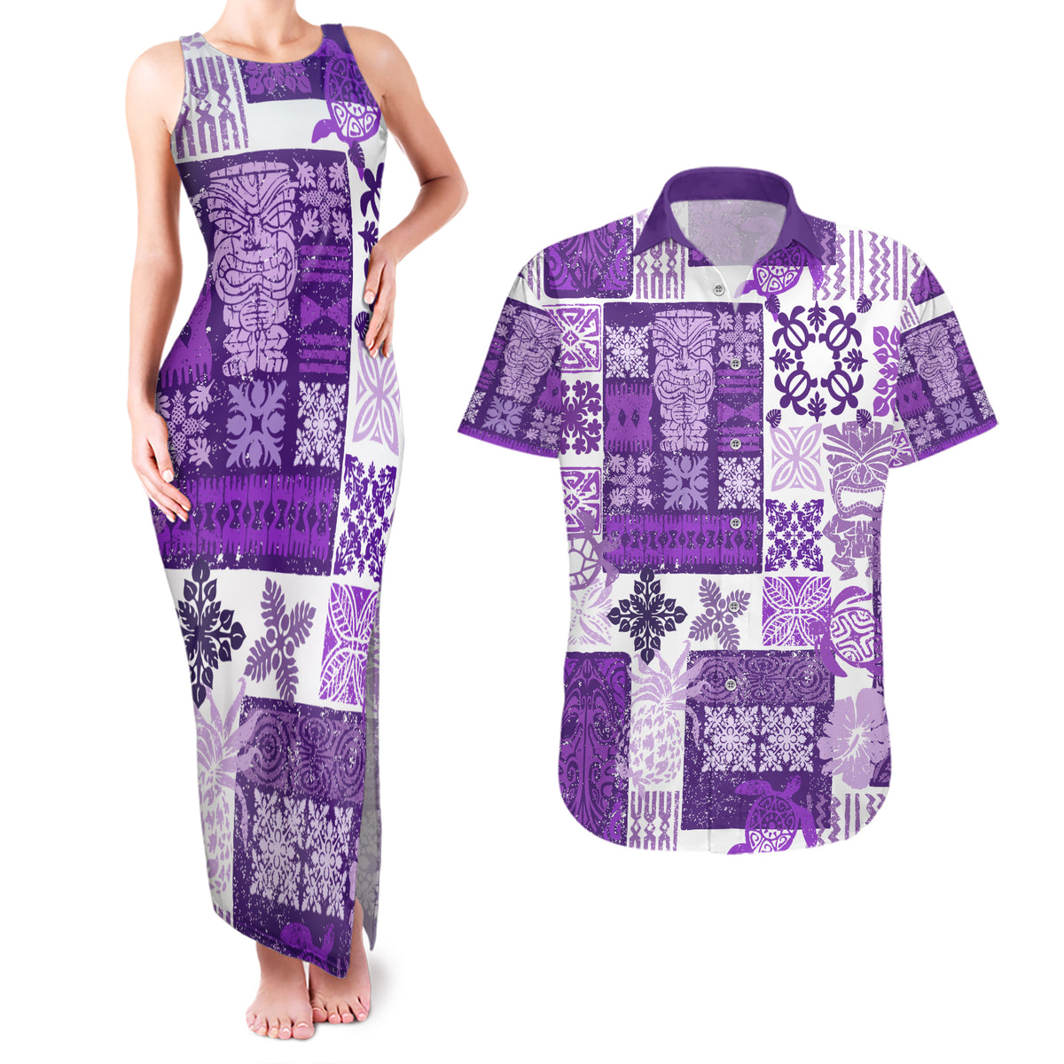 Hawaiian Quilt Couples Matching Tank Maxi Dress and Hawaiian Shirt Tiki Tropical Retro Purple Version - Wonder Print Shop