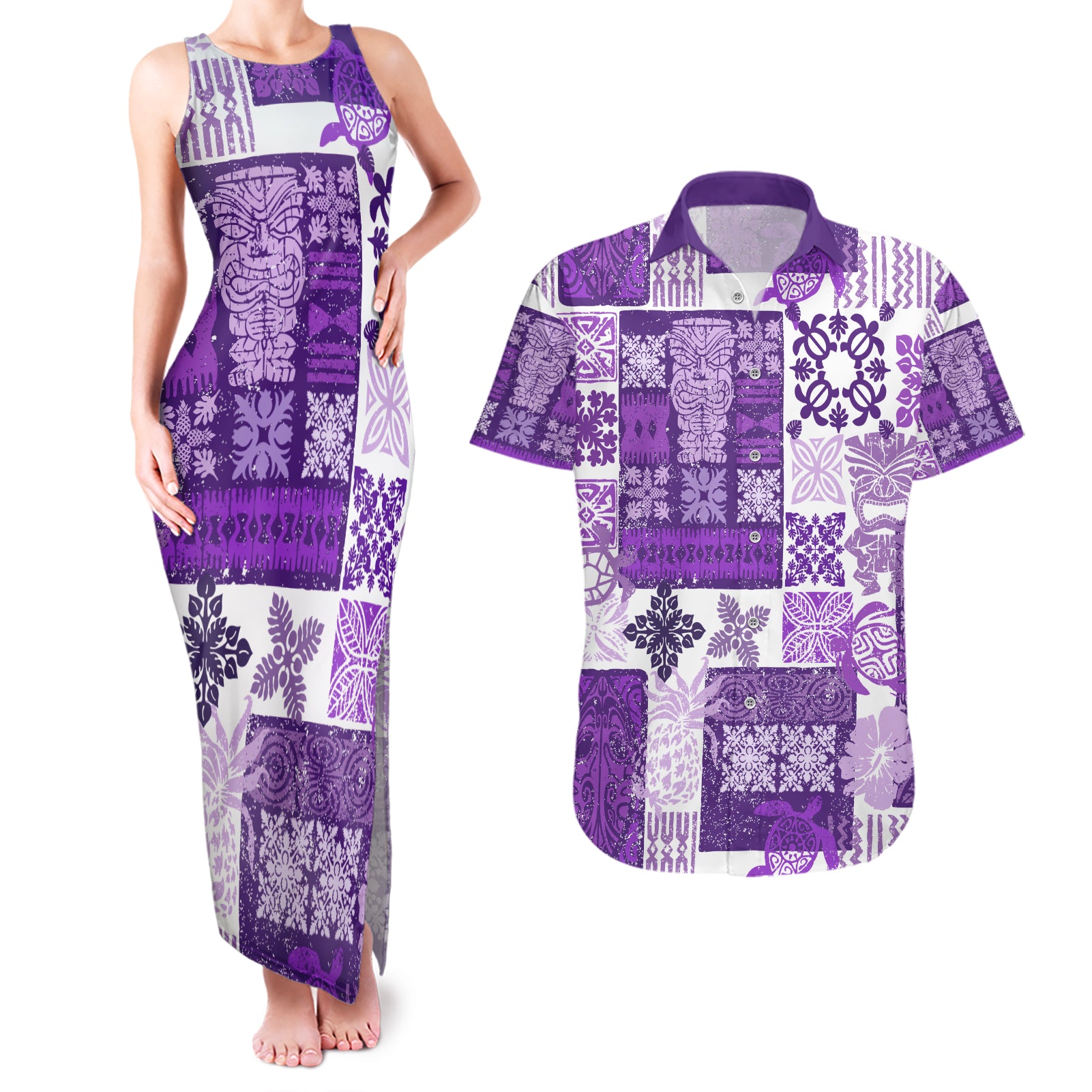 Hawaiian Quilt Couples Matching Tank Maxi Dress and Hawaiian Shirt Tiki Tropical Retro Purple Version - Wonder Print Shop